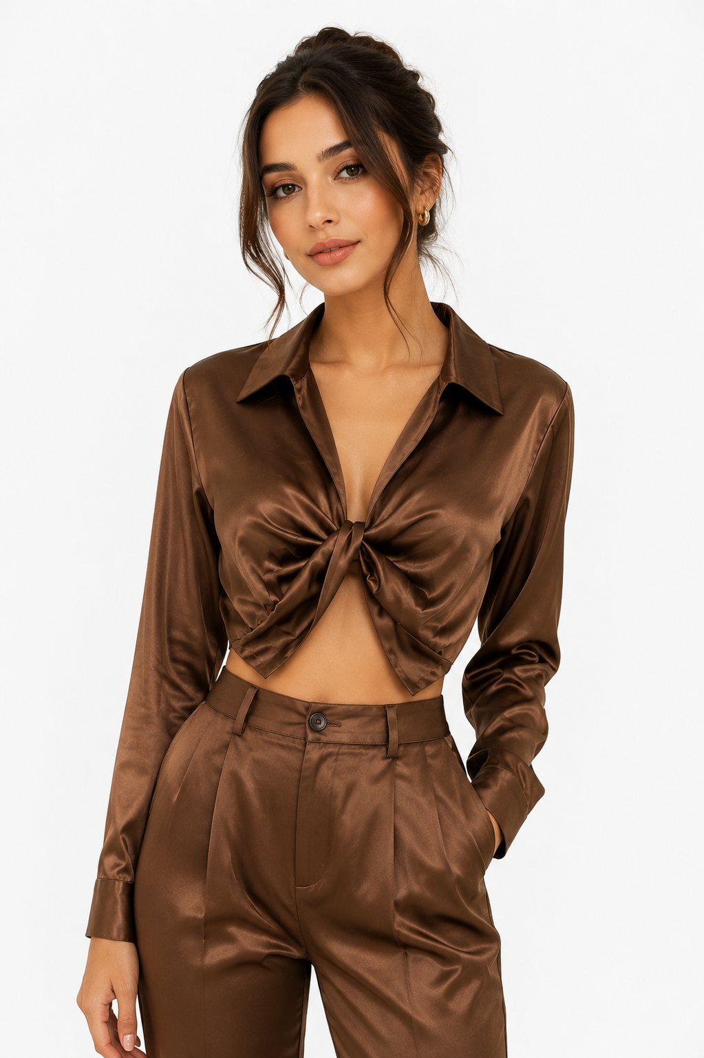 Elora Satin Tie-Front Cropped Blouse